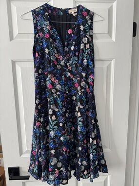 Rebecca Taylor Black Floral Midi Dress with Blue, Pink & White Print size 6